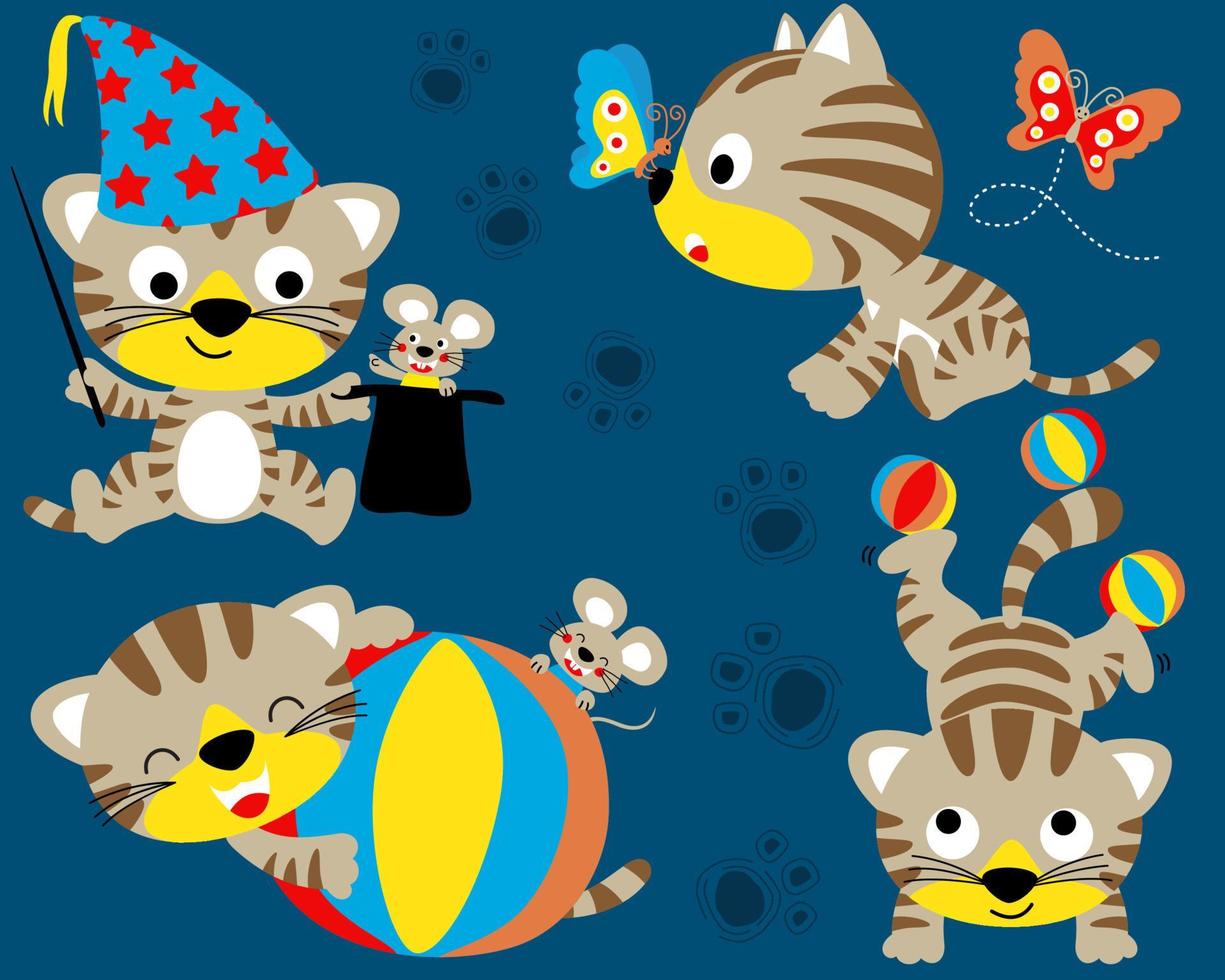 conjunto de vectores de lindos gatitos de dibujos animados en diferentes acciones con amiguitos
