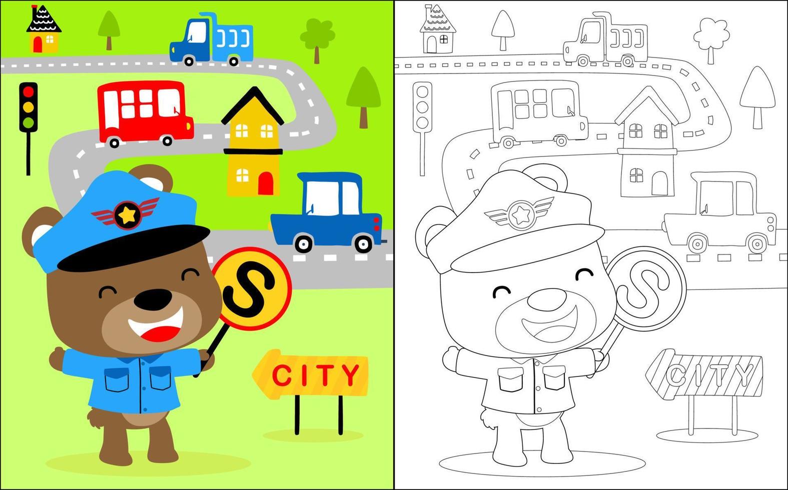 Vector illustration of coloring book with little bear in police costume on little town background