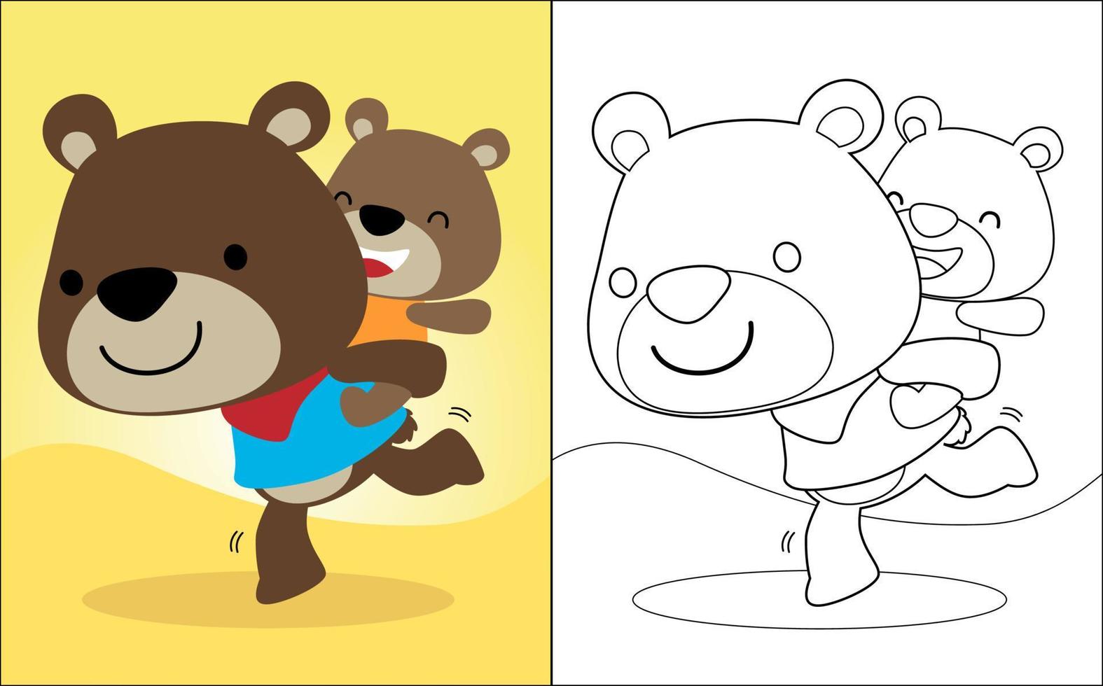 Coloring book of funny bear carrying other bear on it back vector