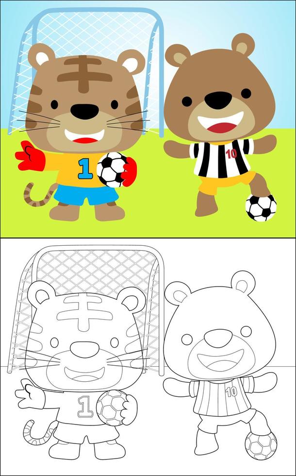 libro de color de lindo tigre y oso en traje de fútbol, sosteniendo la pelota en el campo de fútbol vector