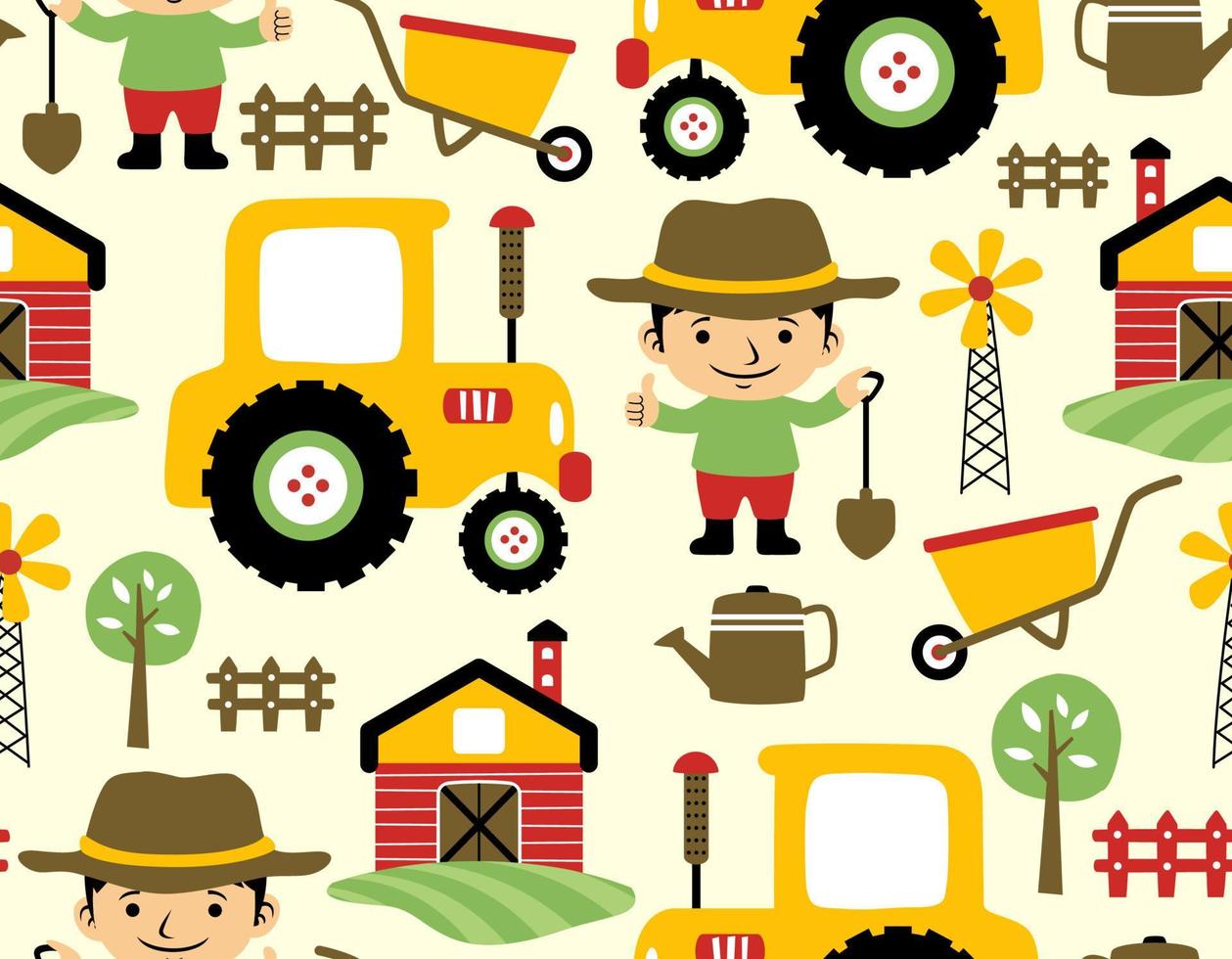 Seamless pattern vector of farm field elements cartoon, little farmer holding shovel