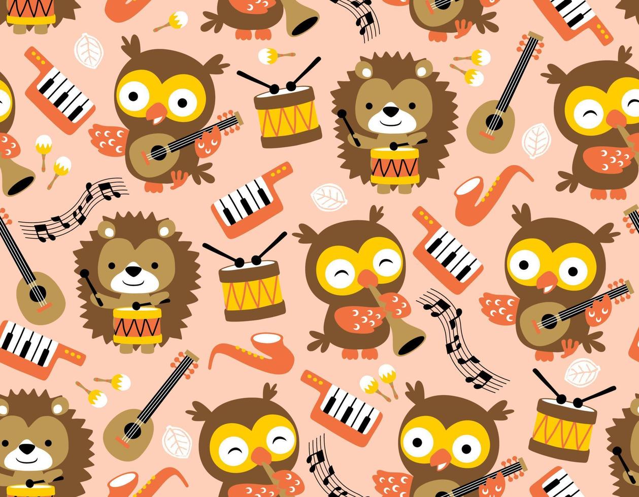 vector de patrones sin fisuras de dibujos animados de animales divertidos con instrumentos musicales, búho y erizo tocar música