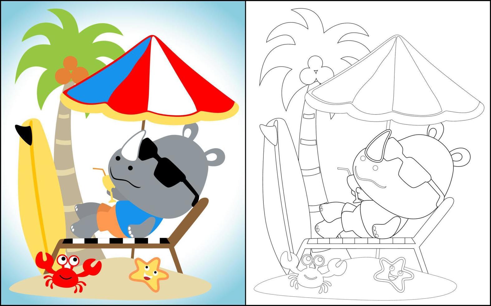 libro o página de color, dibujos animados divertidos de rinocerontes acostados en sillas de playa, relajándose bajo un cocotero con cangrejo y estrellas de mar vector
