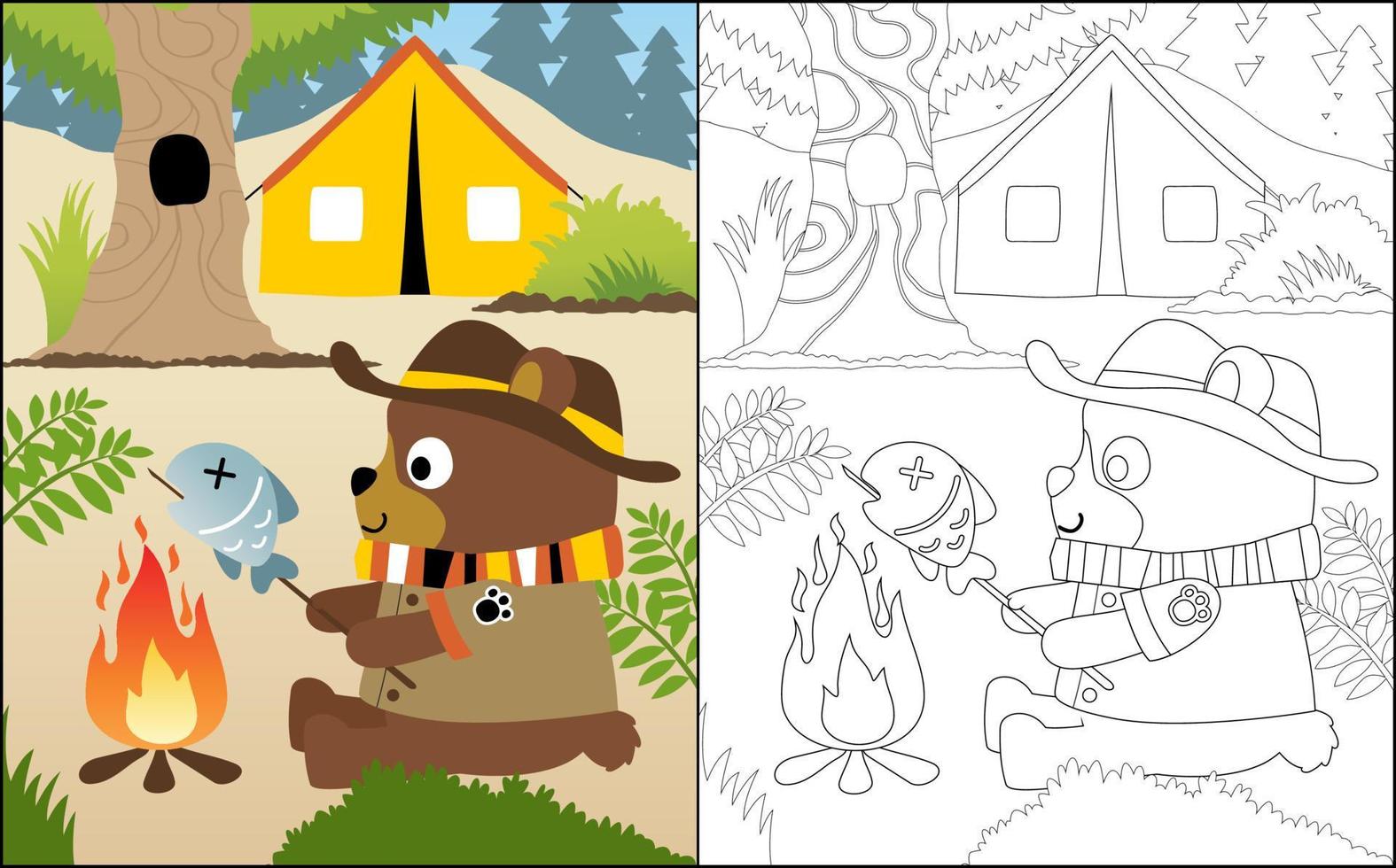 Coloring book or page of cute bear cartoon in scout costume roasting fish in camping ground vector
