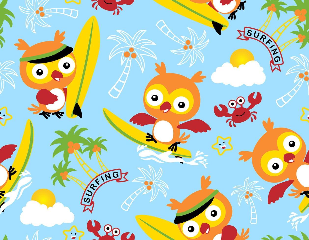 Seamless pattern vector of cute owl surfing in the beach with crab and starfish, beach summer elements cartoon.