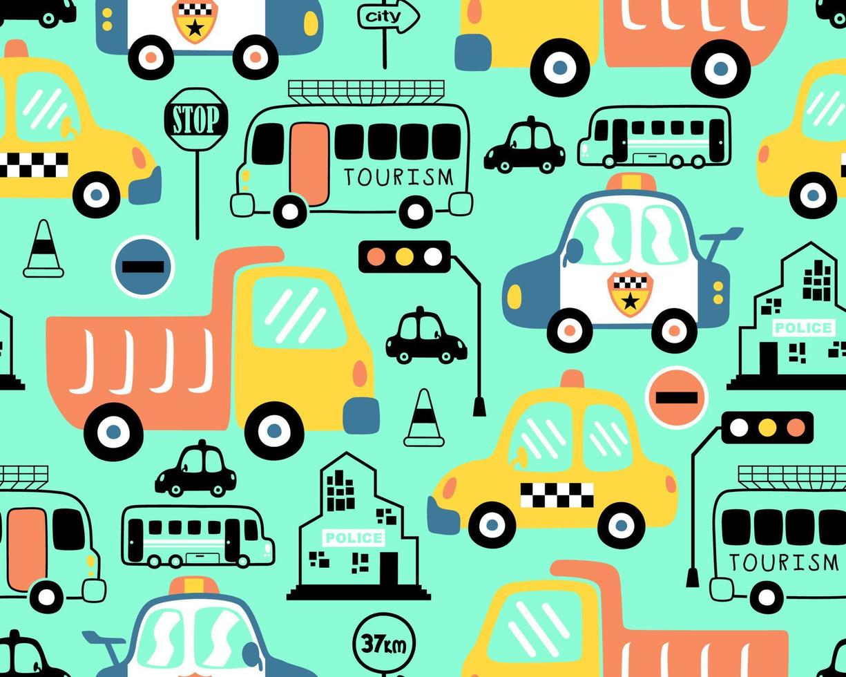 Seamless pattern vector of vehicles cartoon, traffic signs and buildings