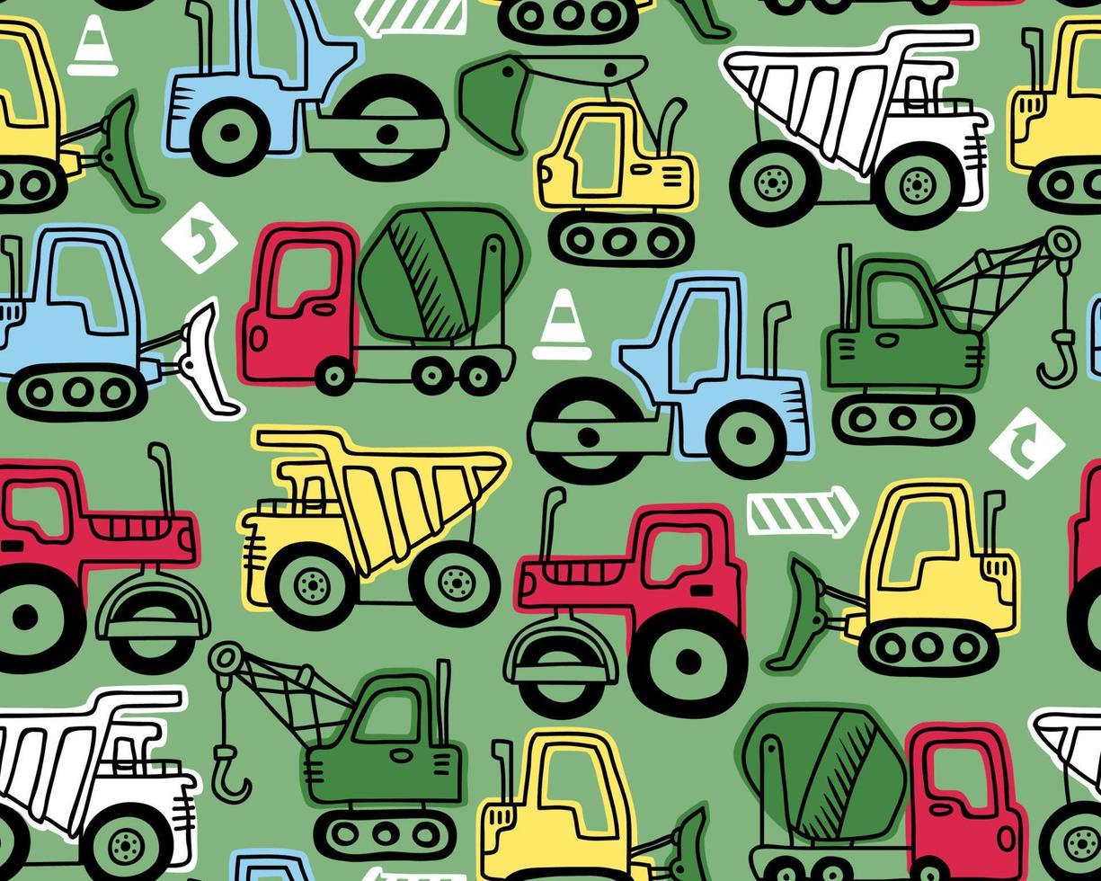 Seamless pattern vector of construction vehicles cartoon in hand drawn ...