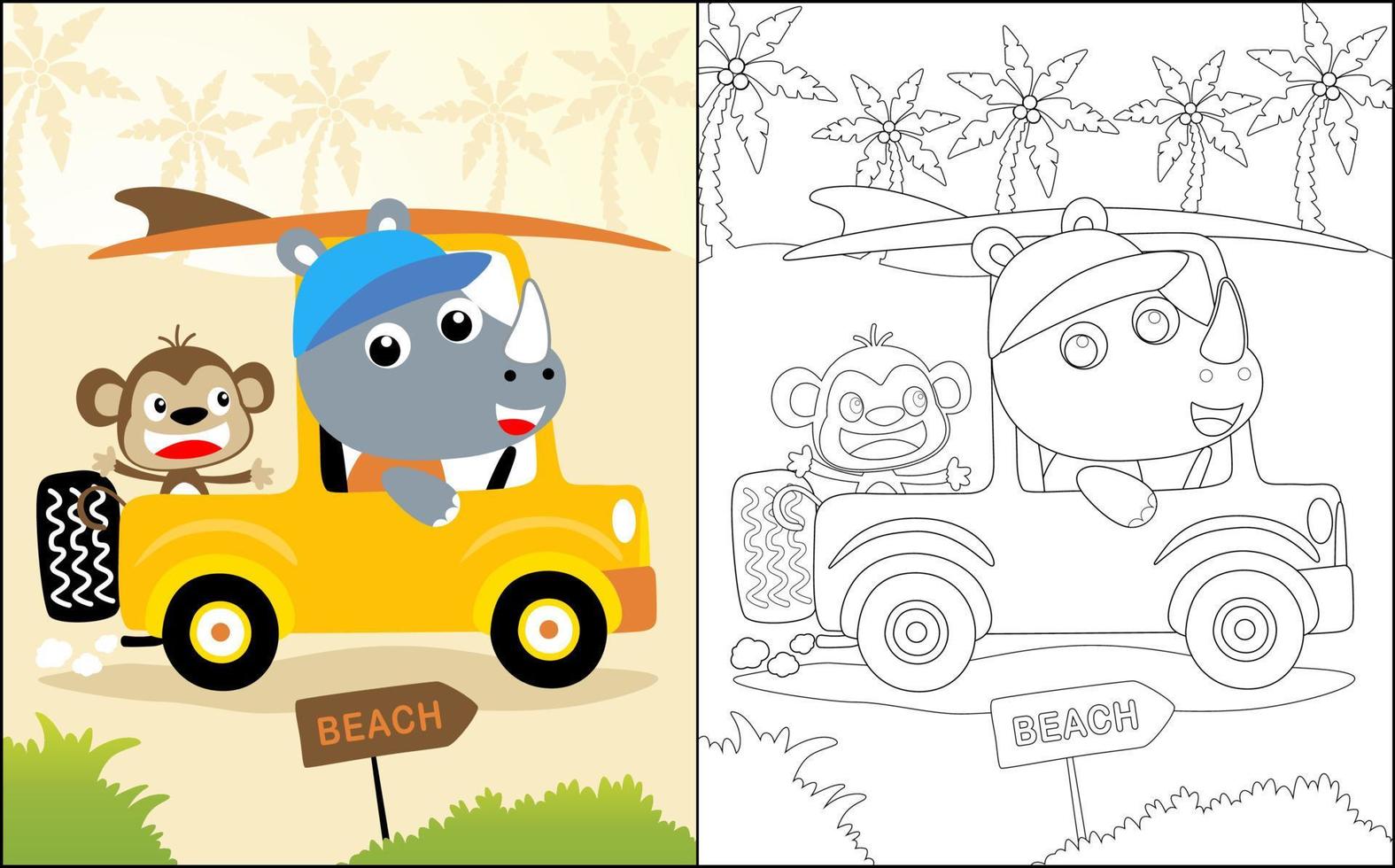 Coloring book or page, cute rhino and monkey on car carrying surfboard going to beach vector