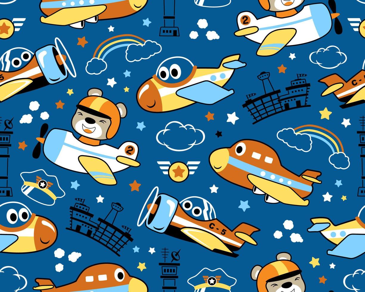 Seamless pattern vector of planes cartoon with funny pilot. Aviation elements cartoon