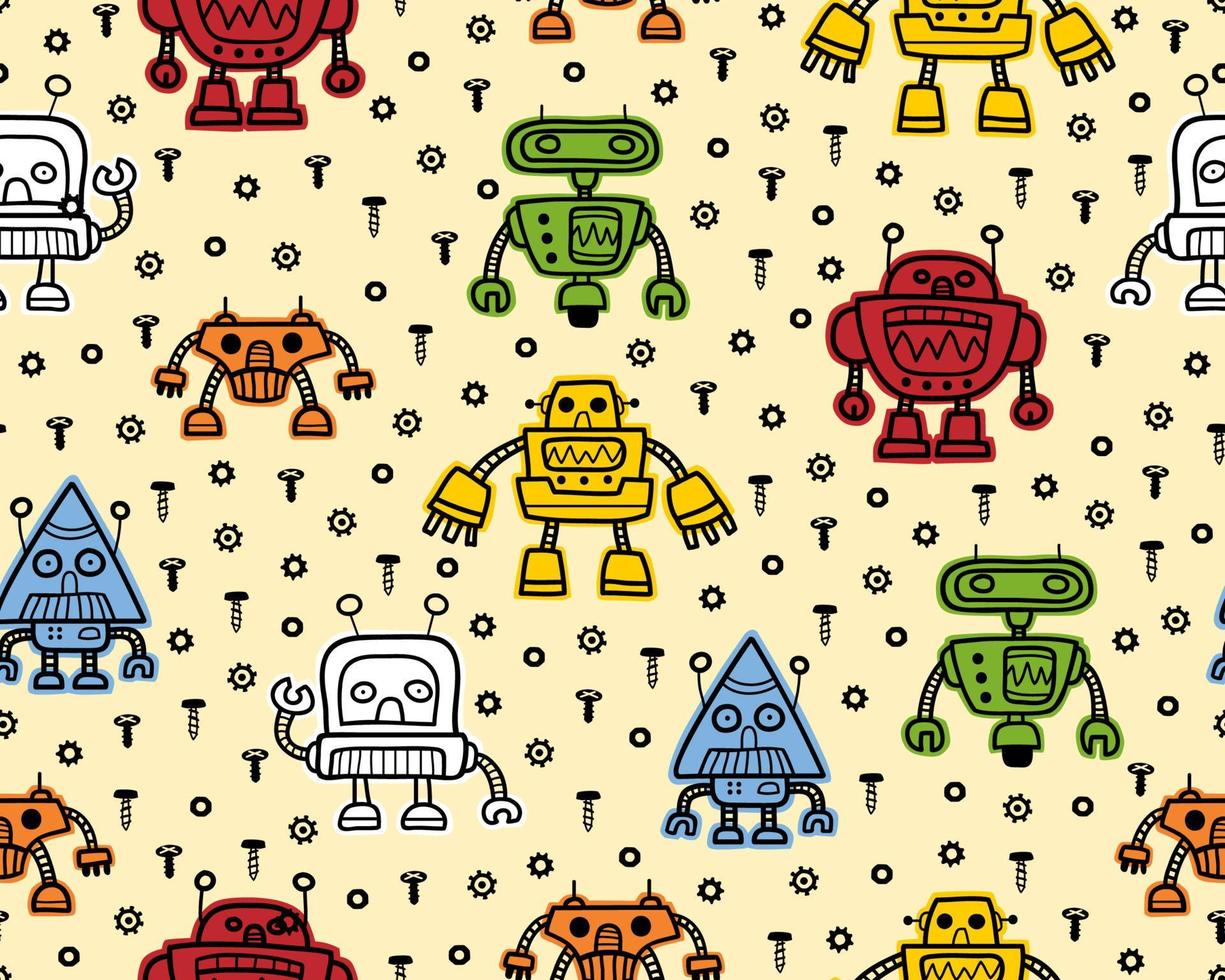 Seamless pattern vector of colorful robots cartoon with nuts and bolts
