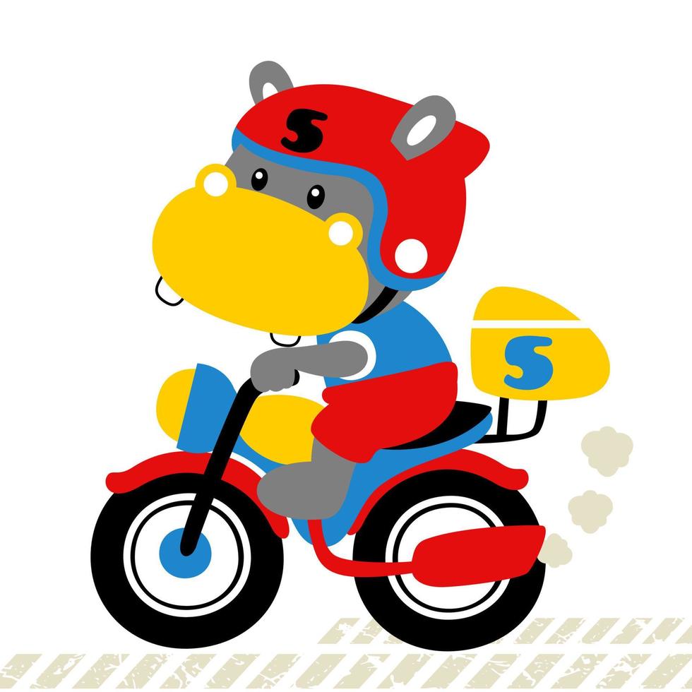 little hippopotamus riding motorcycle, vector cartoon illustration