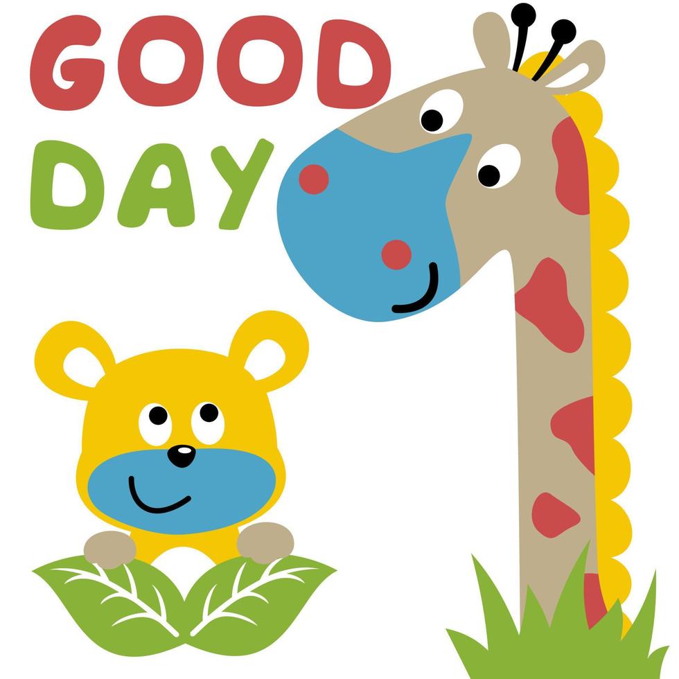 la jirafa dice buenos días al mono en la jungla, ilustración de dibujos animados vectoriales vector