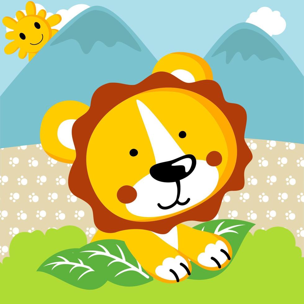 cute lion cartoon in jungle on mountain backgrounds vector