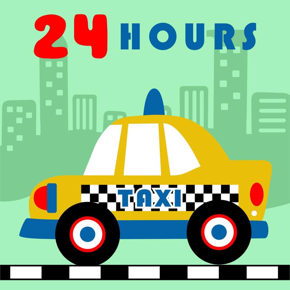 yellow taxi cartoon on building background vector