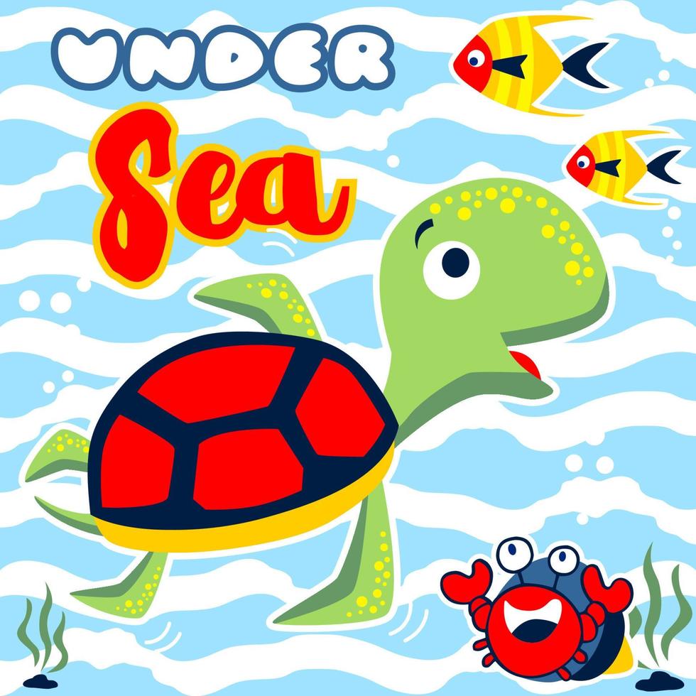 Vector cartoon of turtle with fish and hermit crab undersea