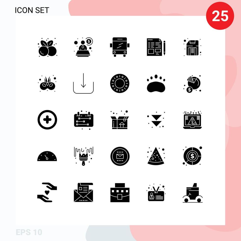 Mobile Interface Solid Glyph Set of 25 Pictograms of floppy computer bus education text Editable Vector Design Elements