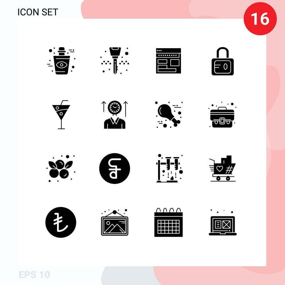 Universal Icon Symbols Group of 16 Modern Solid Glyphs of study lock website webpage page Editable Vector Design Elements