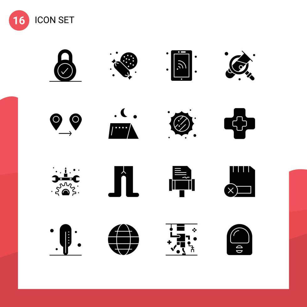 16 Universal Solid Glyphs Set for Web and Mobile Applications camping location technology gps magnifying Editable Vector Design Elements
