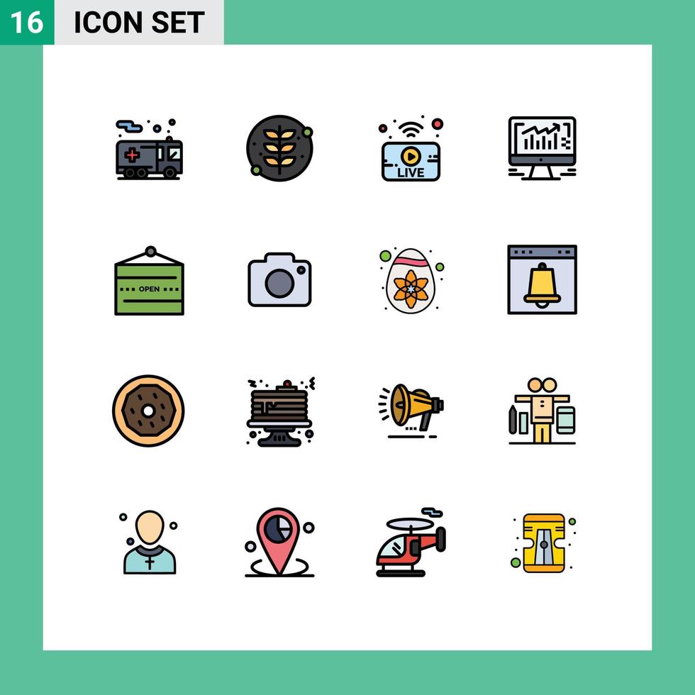 grupo de 16 líneas llenas de color plano, signos y símbolos para el monitor de alimentos utube, computadora de negocios, elementos de diseño de vectores creativos editables