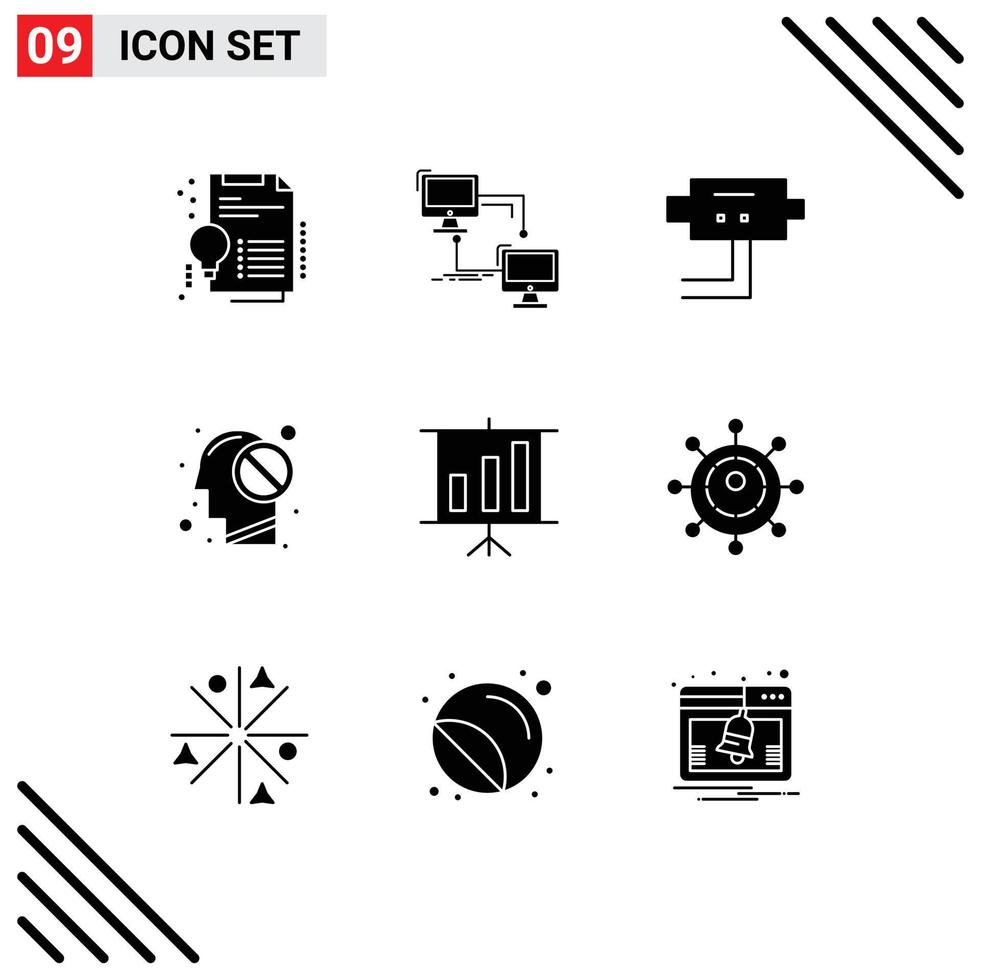 Mobile Interface Solid Glyph Set of 9 Pictograms of chart forbidden computer closed human Editable Vector Design Elements