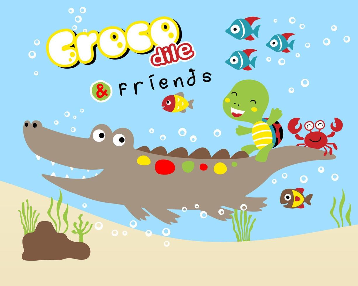 Marine animals cartoon, turtle and crab riding on crocodile's tail vector