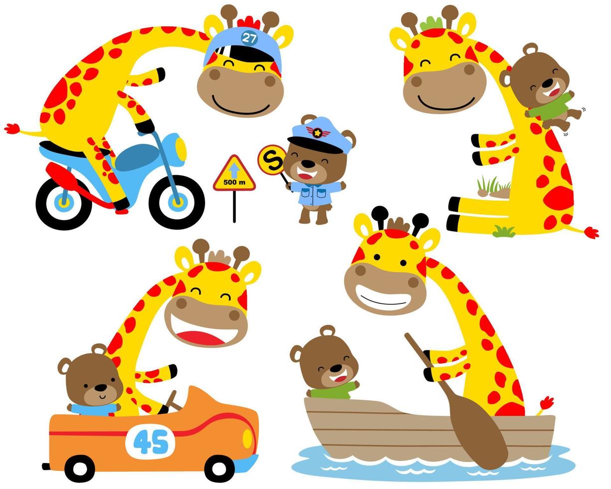 Vector set of giraffe cartoon in different activities with little bear