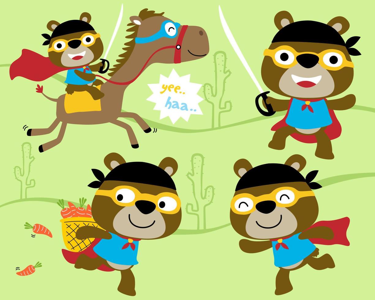 Vector set of little bear cartoon with superhero costume in different action