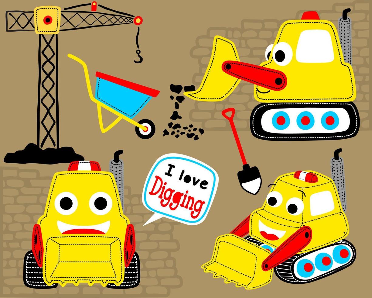 Vector set of funny digger cartoon with construction elements