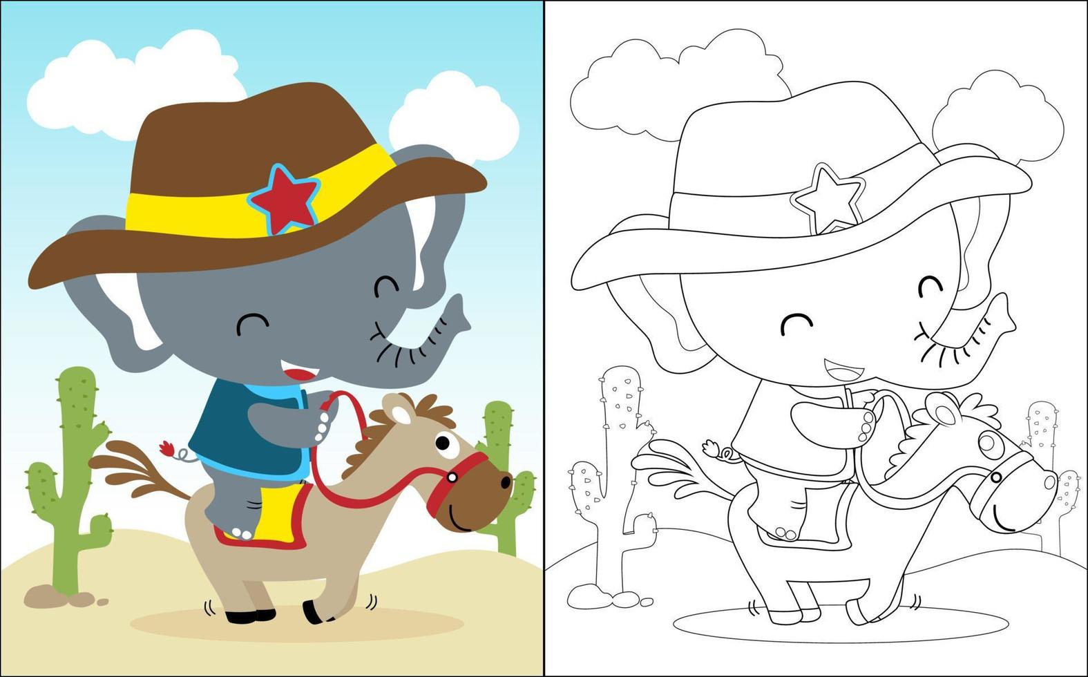 ilustración vectorial de un libro de colorear con un pequeño dibujo de elefante disfrazado de vaquero montando un caballo vector