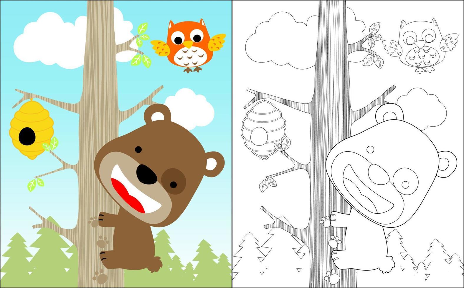 Coloring book of funny little bear cartoon climb a tree to take honey in forest, owl fly above vector