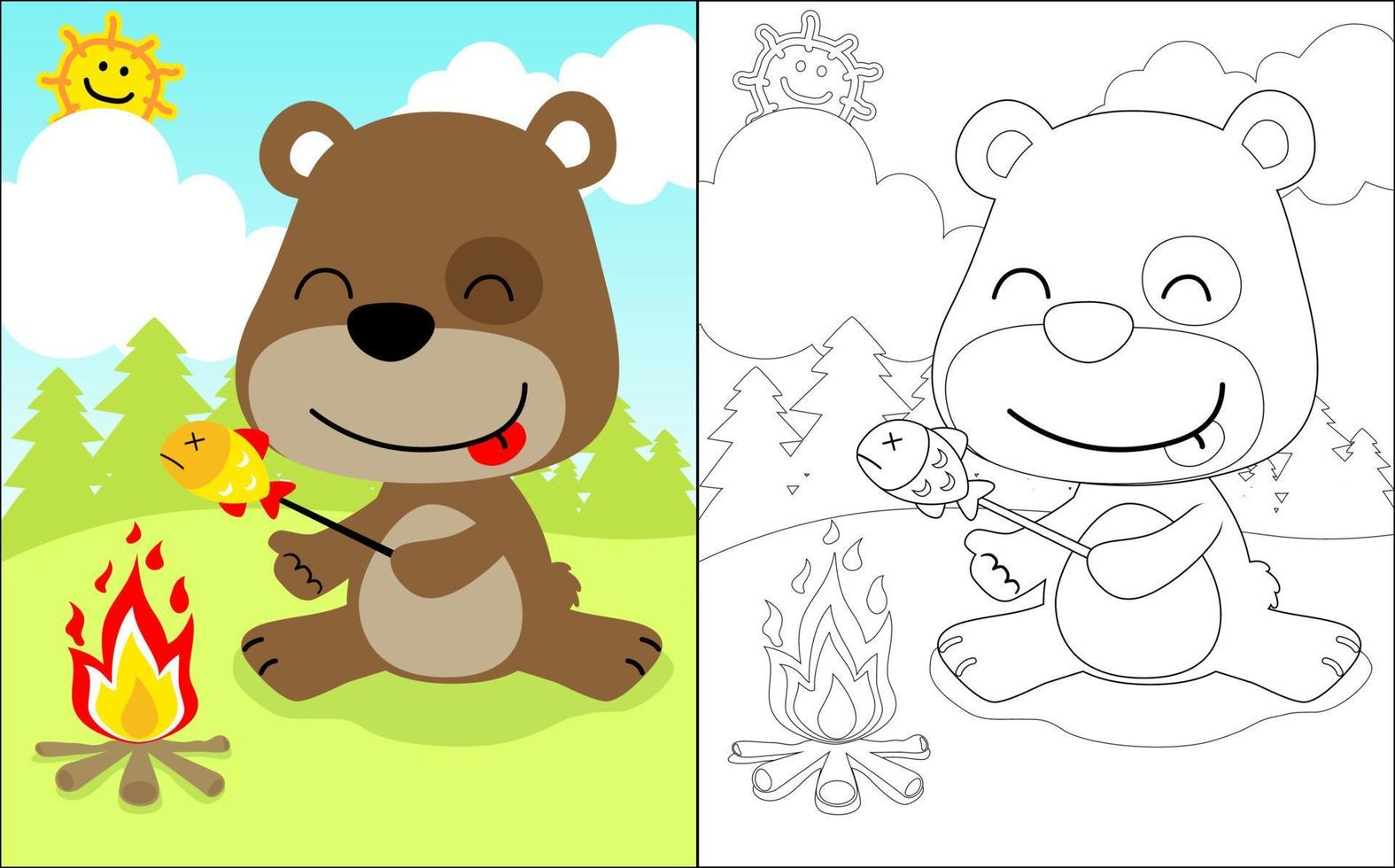 Vector illustration of coloring book with cute bear cartoon grilling fish on nature background