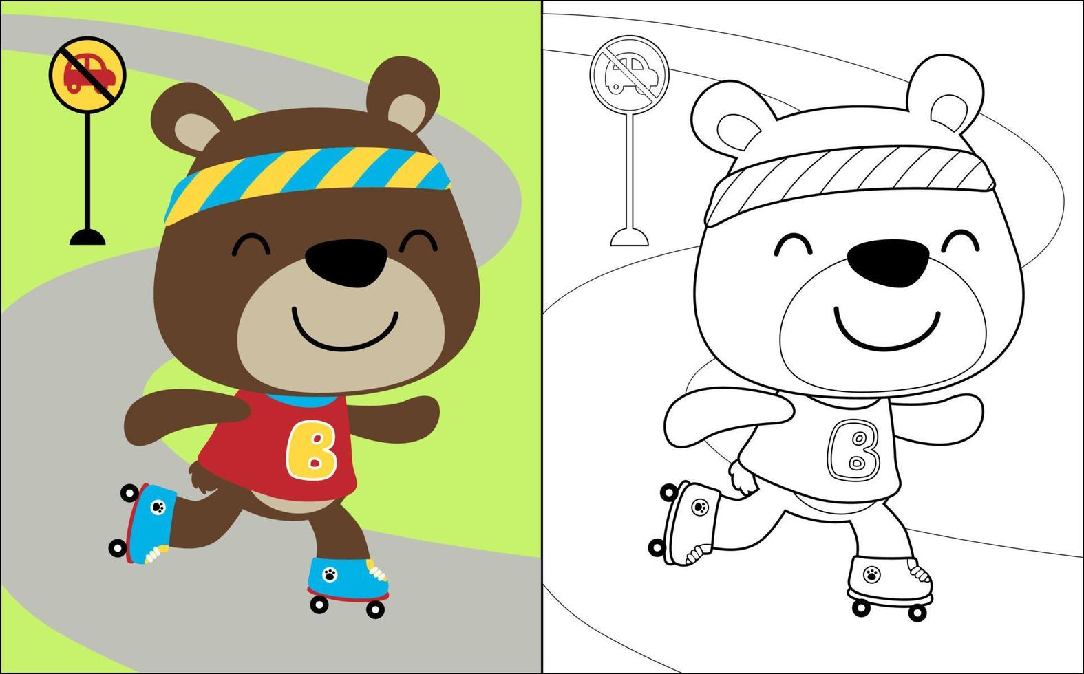 libro para colorear de dibujos animados lindo oso de peluche jugando patines en la calle vector