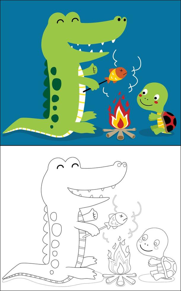 Vector illustration of coloring book with crocodile cartoon and little turtle grilling fish on bonfire