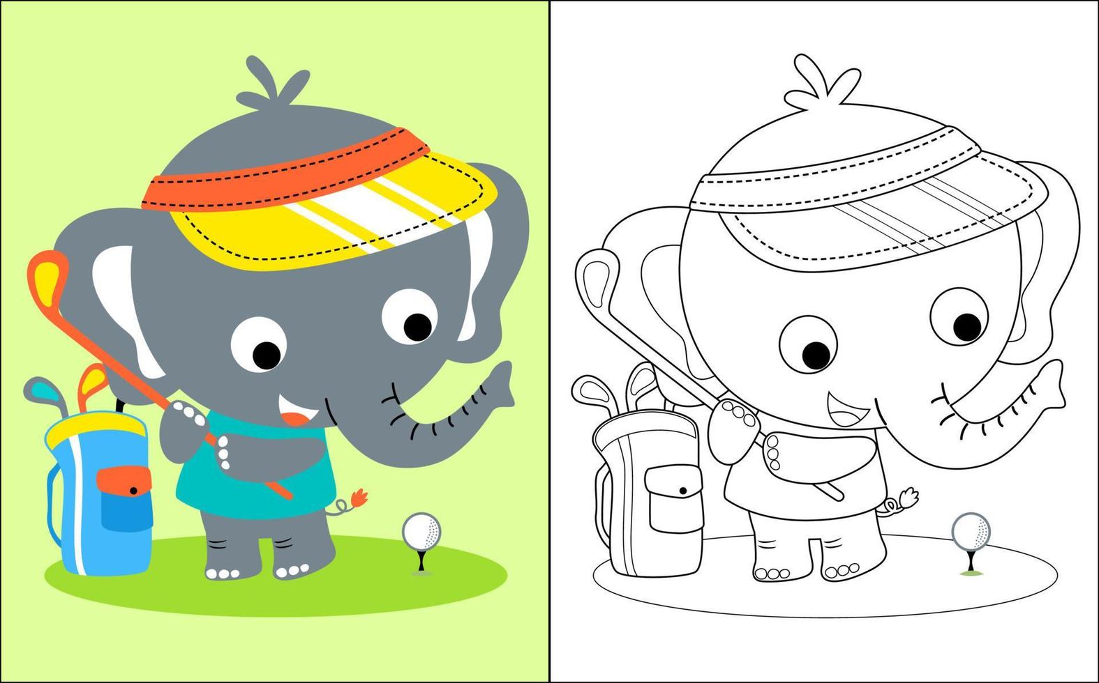 Vector illustration of coloring book with little elephant cartoon playing golf