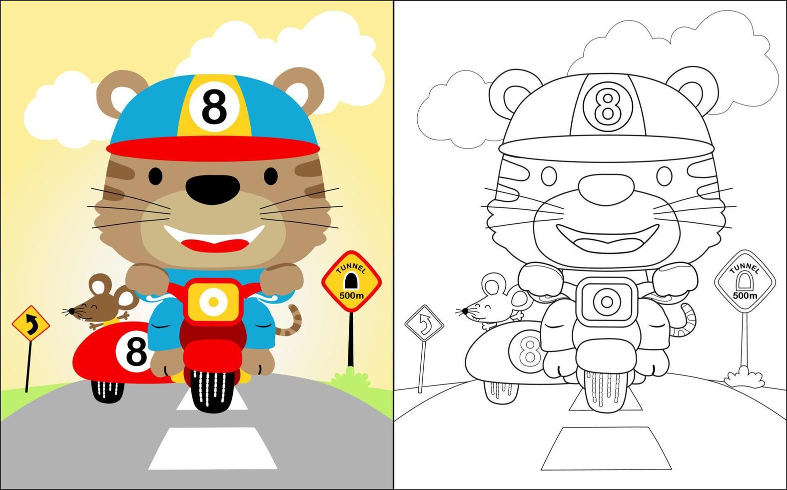 Vector illustration of coloring book with cat cartoon riding motorcycle
