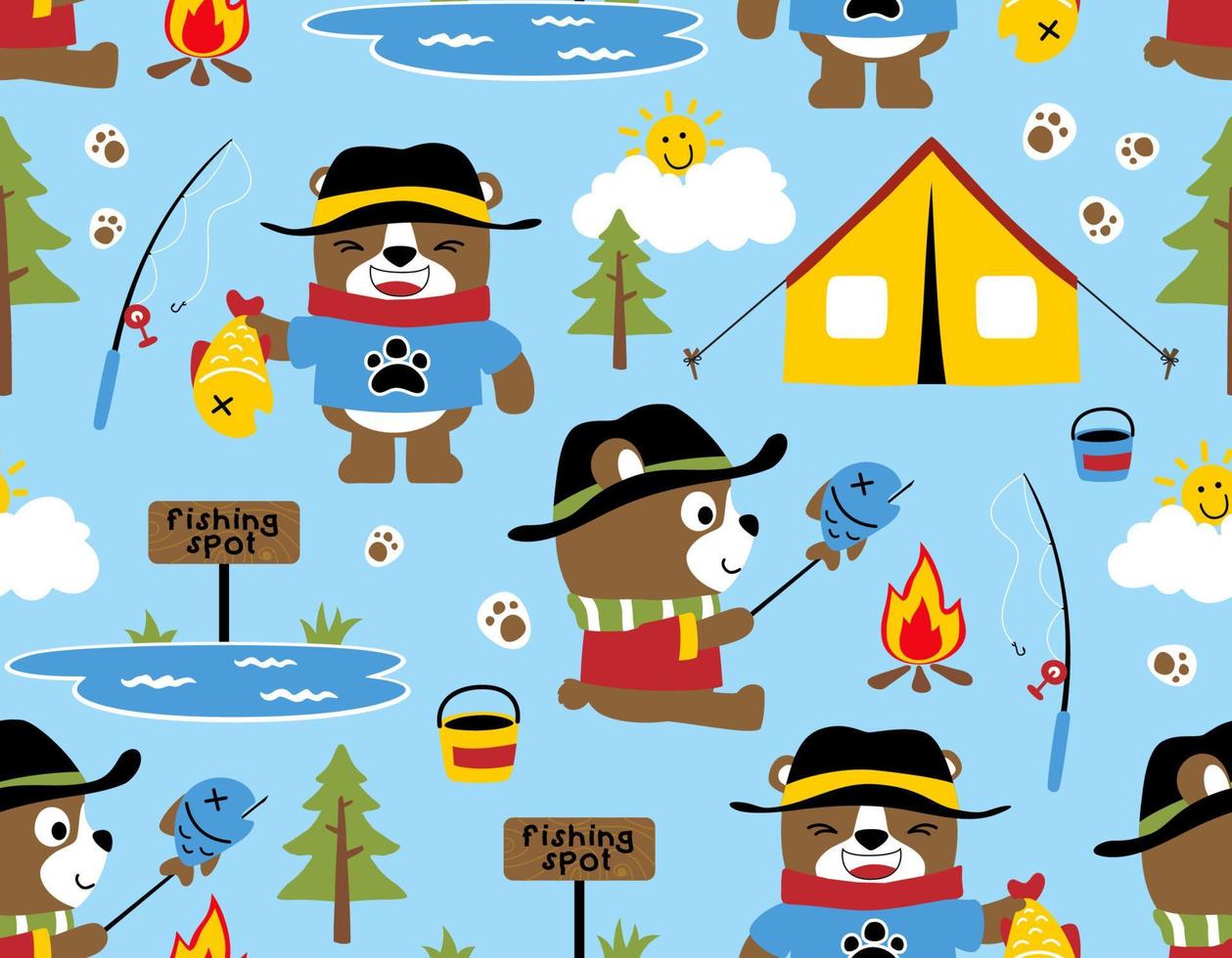 Seamless pattern vector of cute bear cartoon camping in forest, camping elements