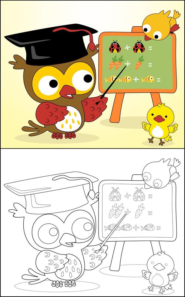 libro para colorear o página de dibujos animados de pájaros. búho con sombrero de graduación enseñando matemáticas a pajaritos vector