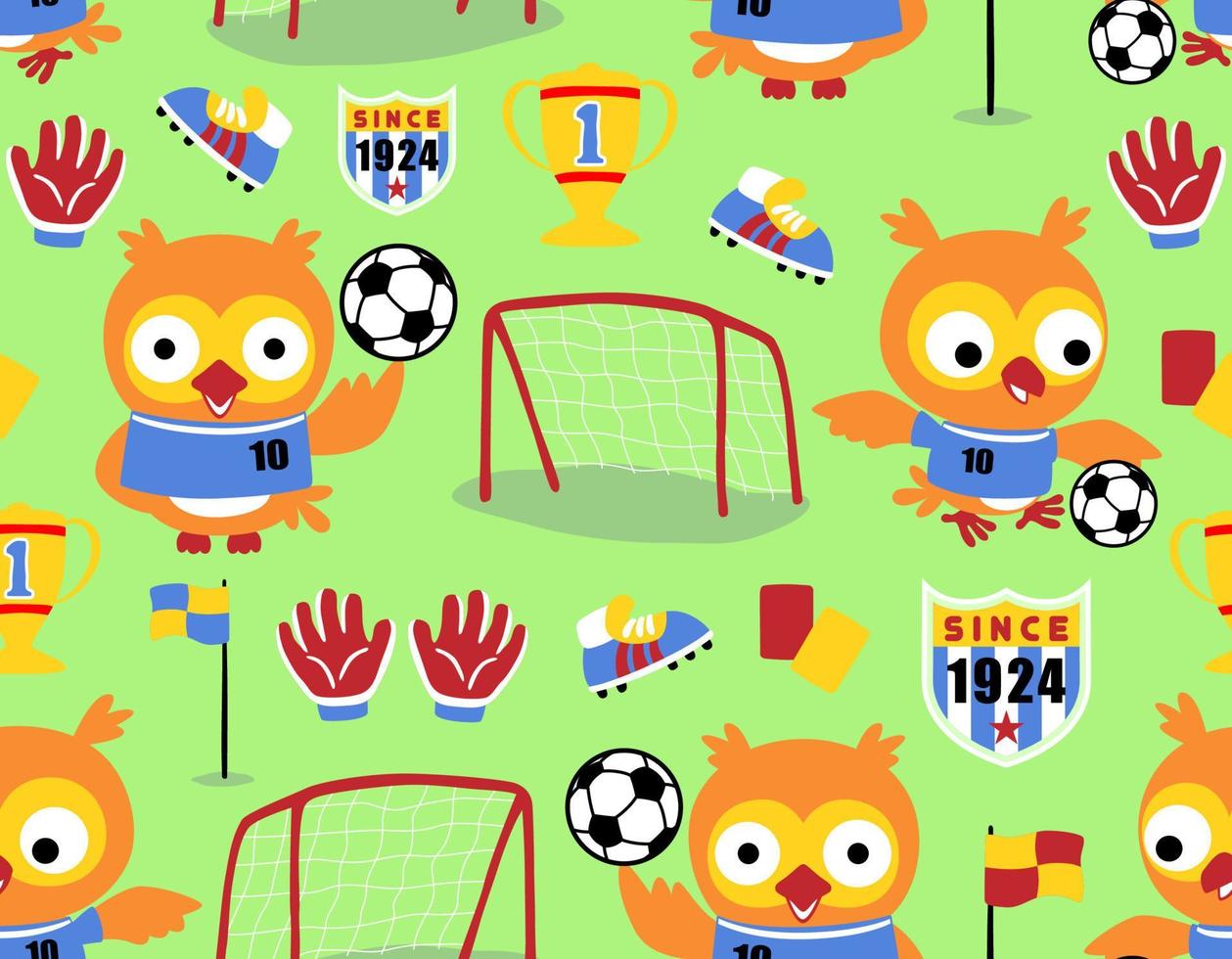 Seamless pattern vector of cute owl playing soccer, soccer elements cartoon