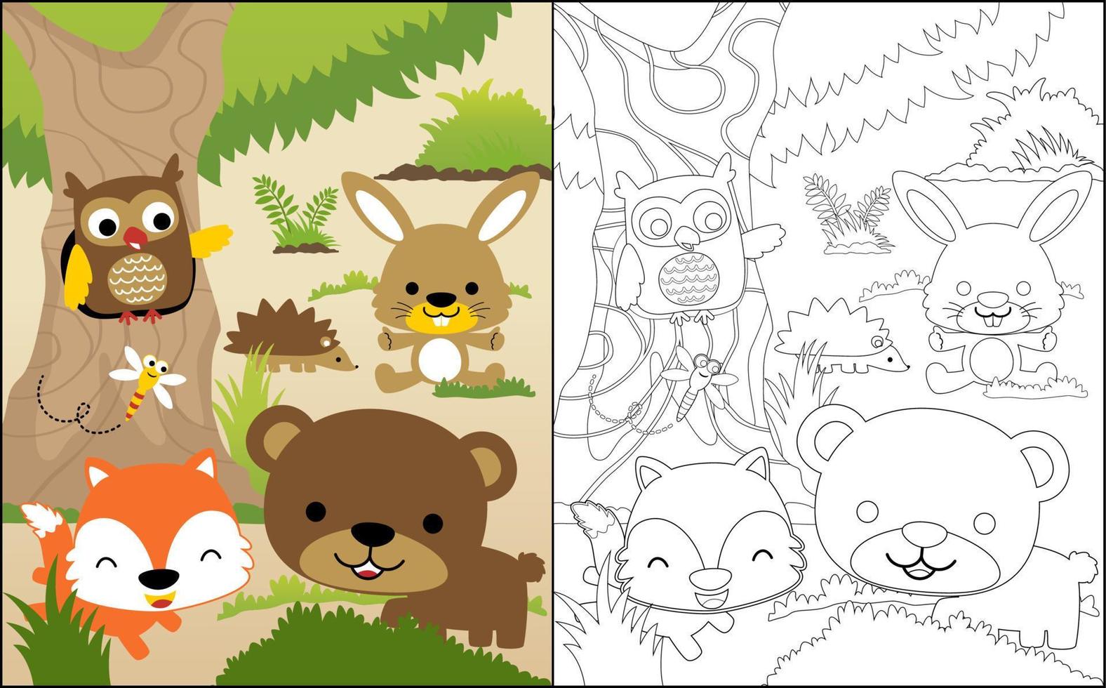 Coloring book or page with funny animals cartoon in the woods vector