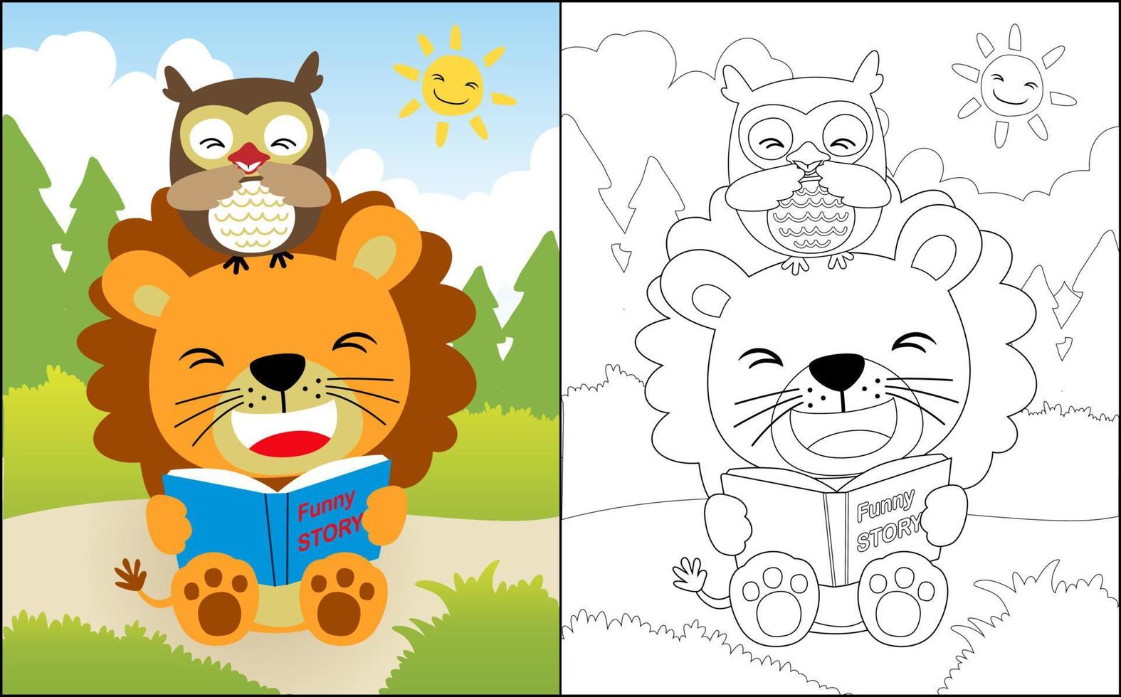 libro para colorear o página con dibujos animados de leones y búhos leyendo un libro divertido en el bosque vector