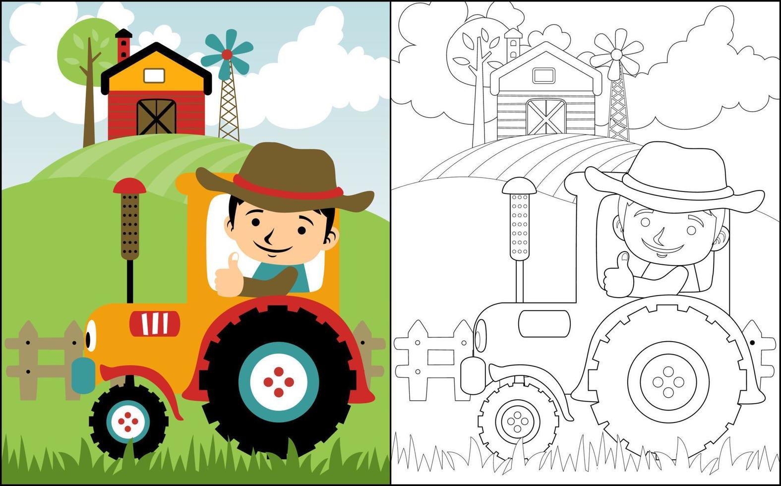 Coloring book or page with young farmer cartoon riding tractor on farming background vector