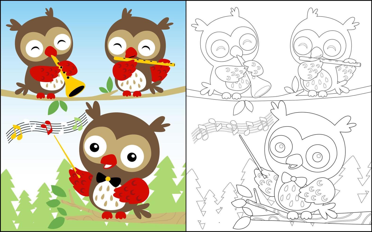 Coloring book or page, group of owl cartoon playing music in the forest vector