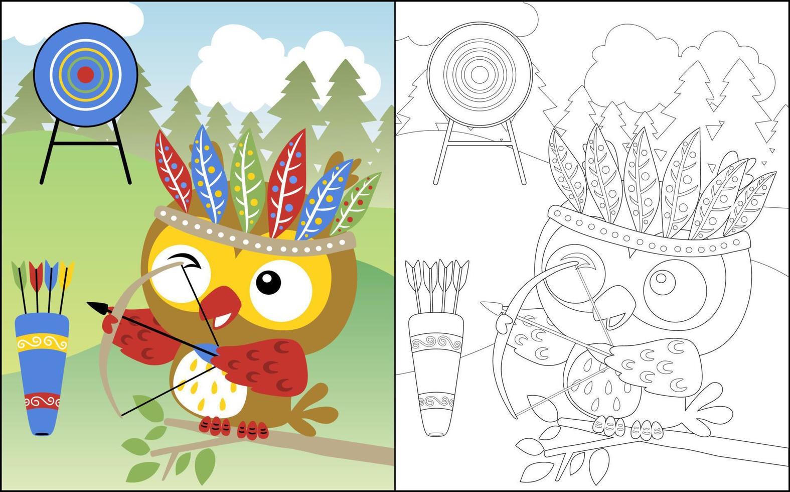 Coloring book or page, cute owl cartoon with feather headdress playing archery vector