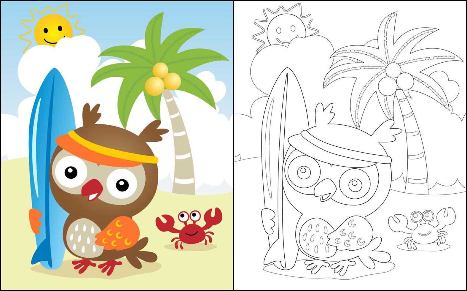 Coloring book or page, cute owl cartoon holding surfboard in the beach with crab at summer holiday vector