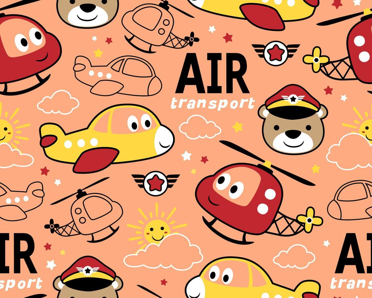 vector de patrones sin fisuras de dibujos animados de transporte aéreo con piloto divertido