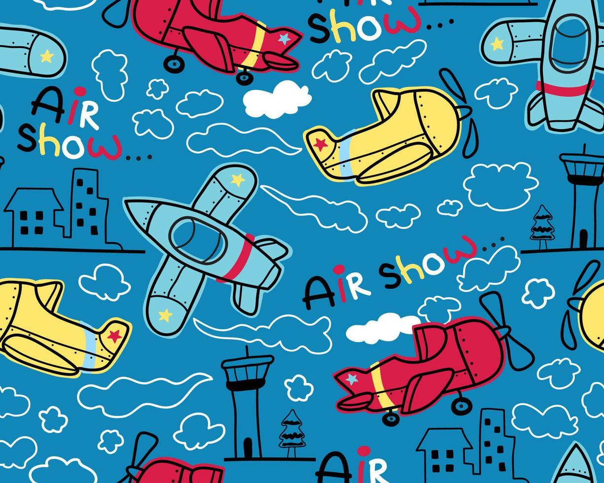 Seamless pattern vector of air transportations cartoon, airport and clouds in hand drawn style