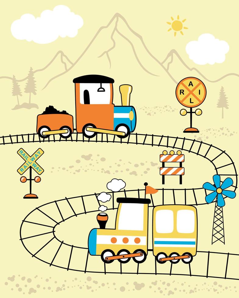 Locomotive cartoon vector on mountain background. Railway elements cartoon