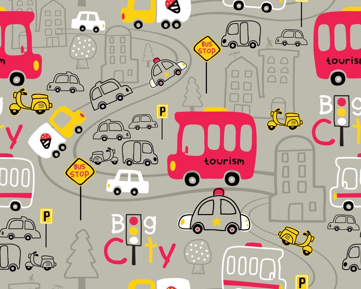 vector de patrones sin fisuras con dibujos animados de vehículos en la carretera de la ciudad