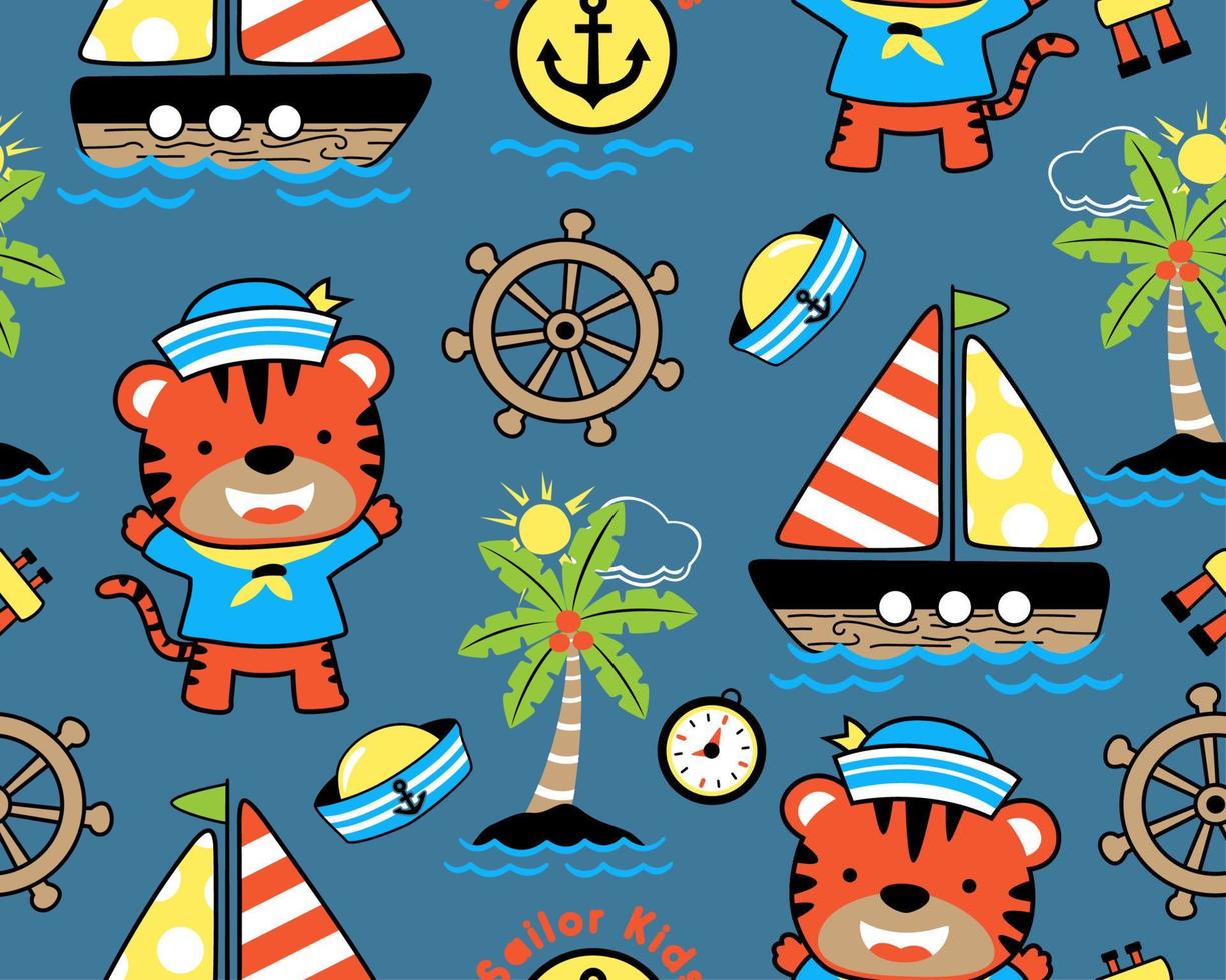 Seamless pattern vector of sailing elements cartoon. Funny tiger in sailor costume