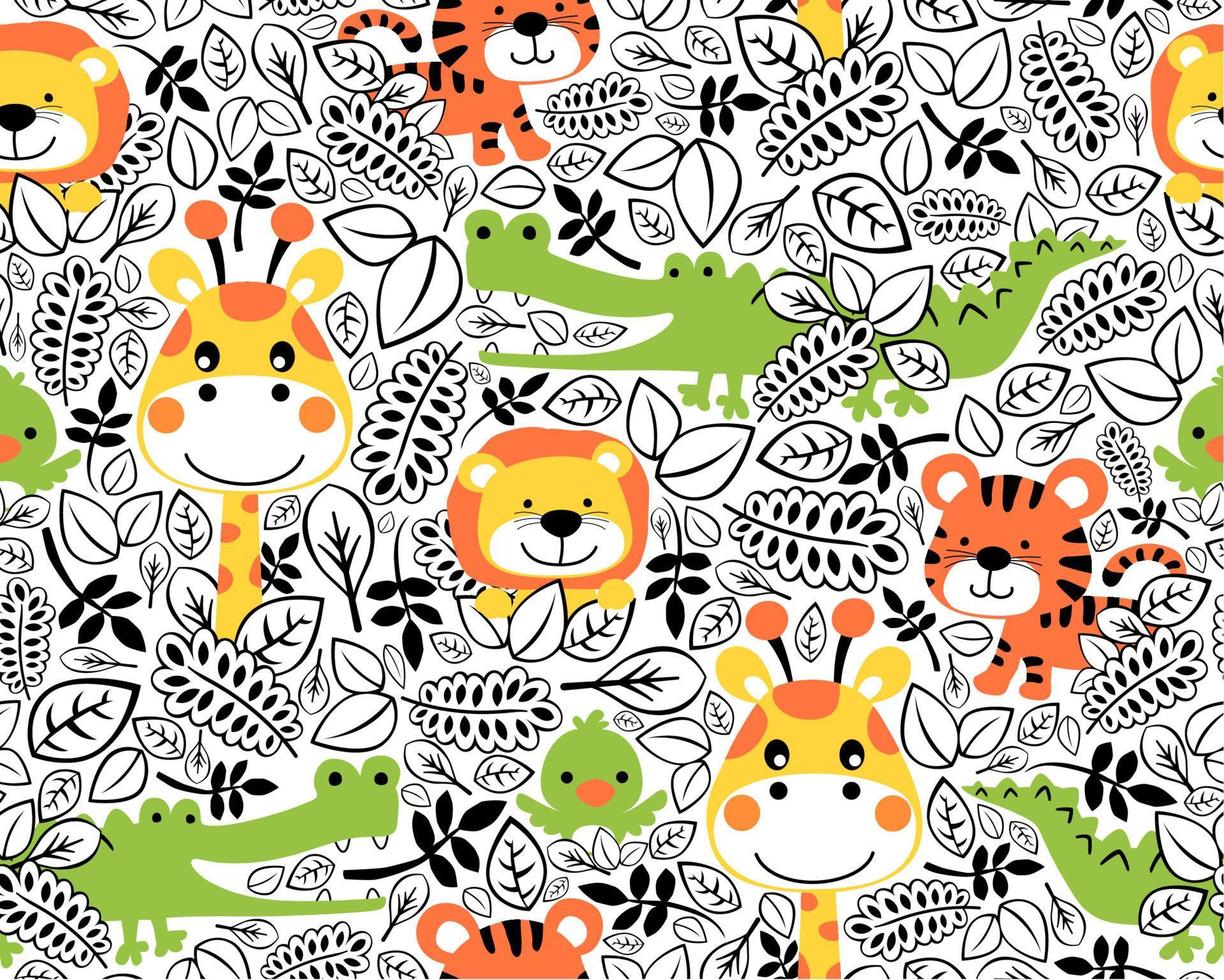 Seamless pattern vector of funny animals cartoon with leaves